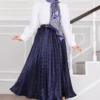 Satin Pleated Skirt with Stone Embellishments Navy Blue