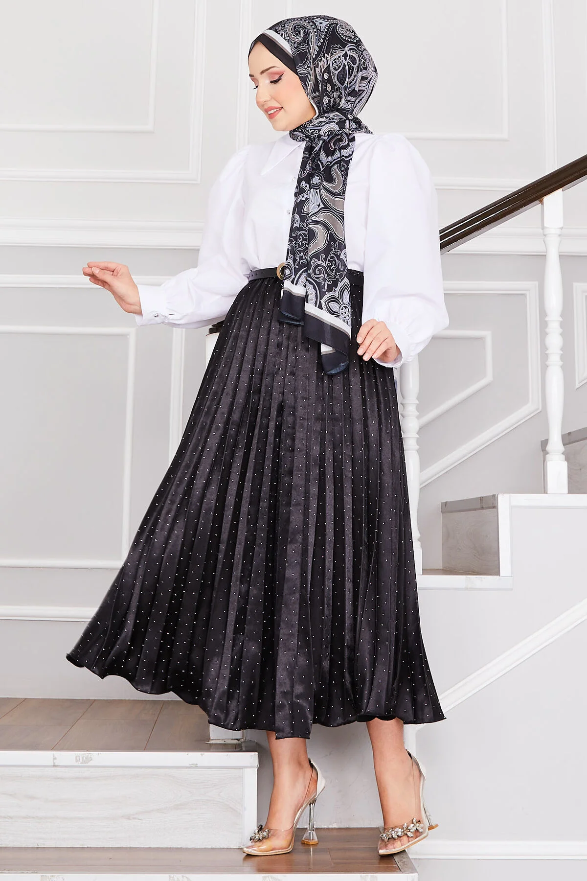 Satin Pleated Skirt with Stone Embellishments Black - Image 3