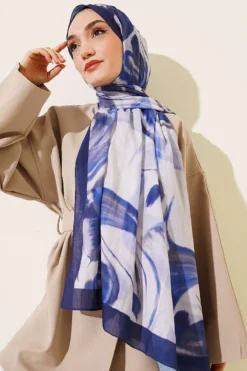 Alternative view of Abstract Leaf Pattern Bamboo Crinkle Shawl Navy Blue