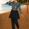 Three-Piece Swimsuit Set with Ruffle Waist and Zip Detail Grey - Image 3