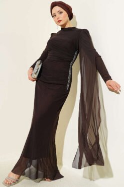 Stone Drawstring Detail Evening Dress Brown