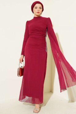 Stone Drawstring Detail Evening Dress Burgundy