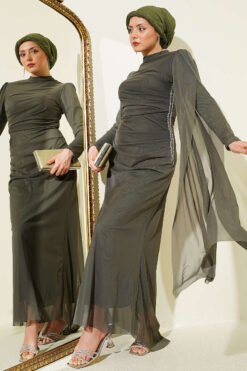 Stone Drawstring Detail Evening Dress Khaki