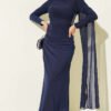 Stone Drawstring Detail Evening Dress Navy Blue