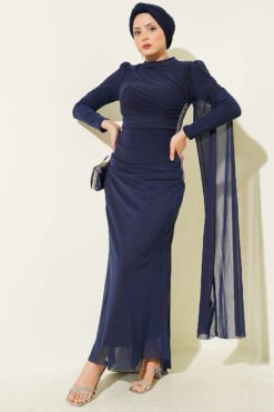Stone Drawstring Detail Evening Dress Navy Blue