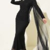 Stone Drawstring Detail Evening Dress Black