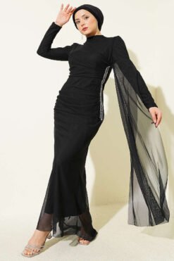 Stone Drawstring Detail Evening Dress Black