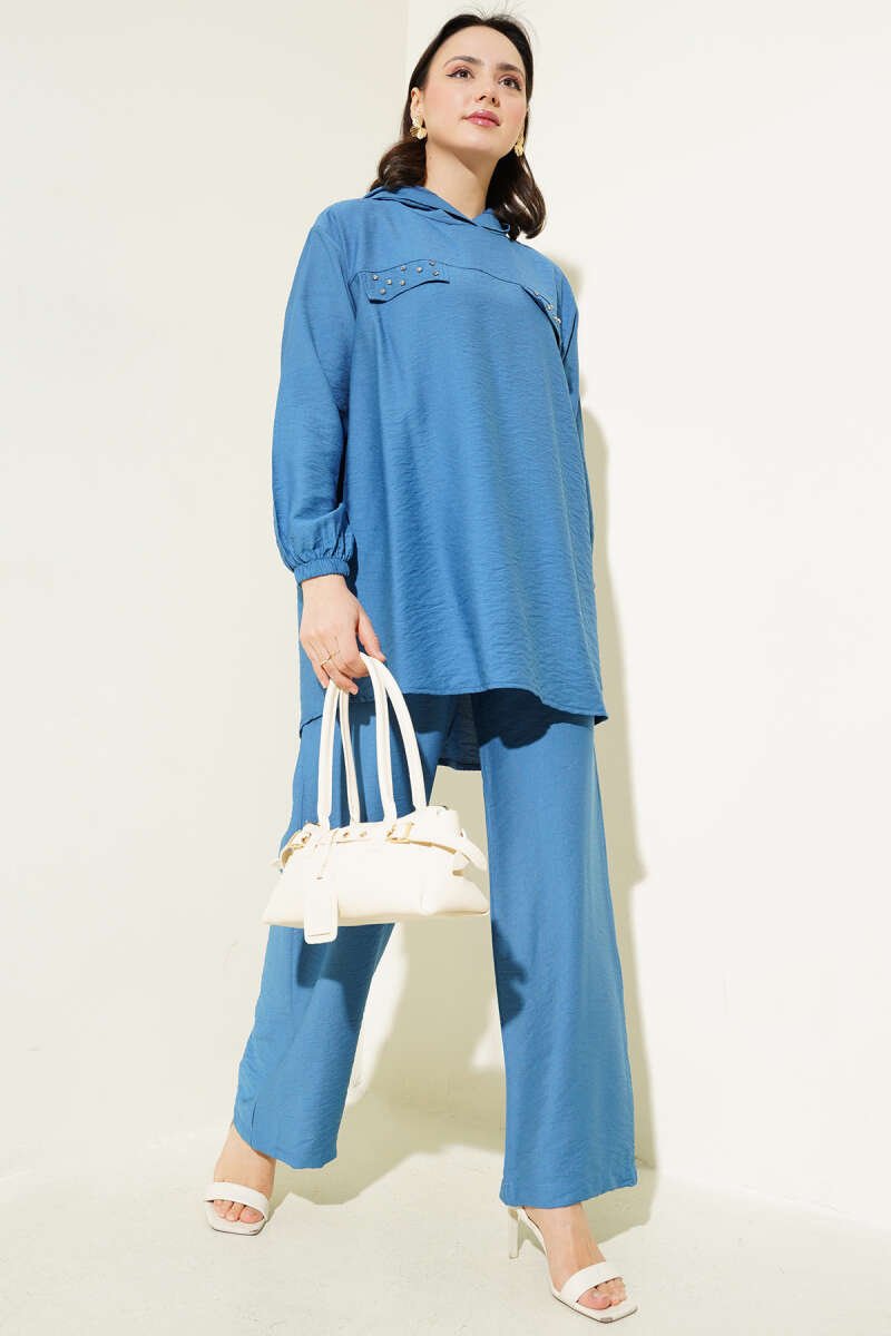 Oval Panel Tie Waist Modal Two-Piece Set Indigo - Afbeelding 5