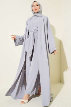 Stone Embellished Two-Piece Abaya Grey