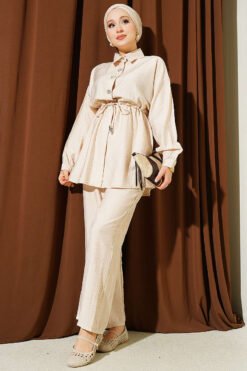 Stone-Embellished Tunic Set Beige