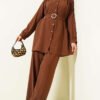 Stone Buckle Belted Two-Piece Set Brown