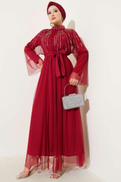 Embellished Tulle Cape Abaya Burgundy