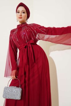 Alternative Ansicht von Embellished Tulle Cape Abaya Burgundy
