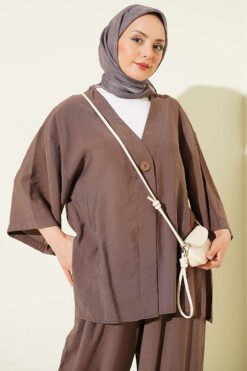 Vista alternativa de Single Button Tencel Kimono Two-Piece Set Brown