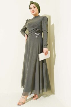 Triangle Stone Detail Draped Tulle Evening Dress Khaki
