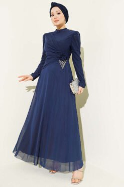 Triangle Stone Detail Draped Tulle Evening Dress Navy Blue