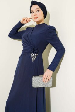 Vue alternative de Triangle Stone Detail Draped Tulle Evening Dress Navy Blue