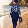 Printed Ruffled Waist Zipper Detail Three-Piece Swimsuit Set Navy Blue - immagine 5