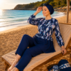 Printed Ruffled Waist Zipper Detail Three-Piece Swimsuit Set Navy Blue