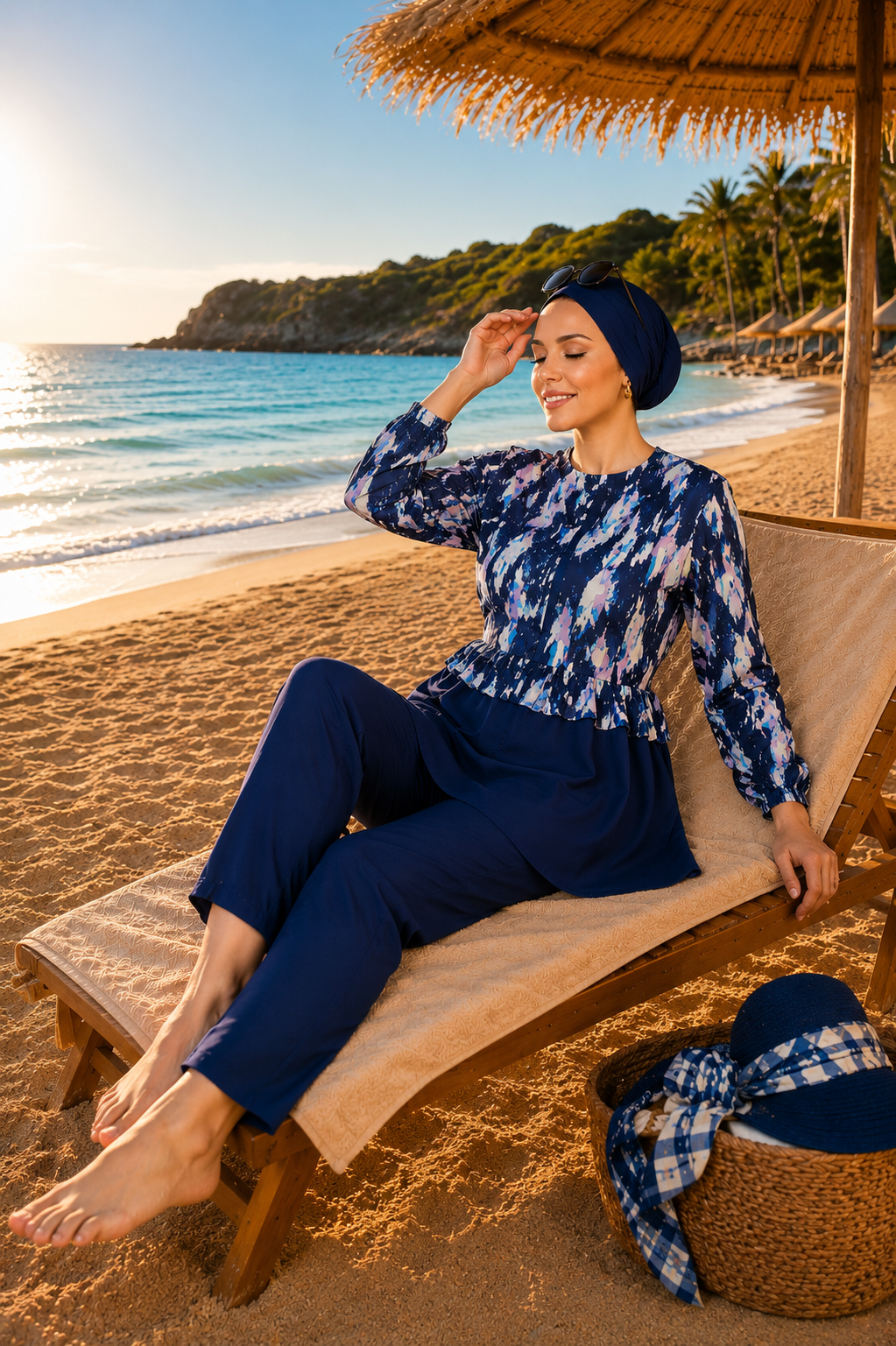 Printed Ruffled Waist Zipper Detail Three-Piece Swimsuit Set Navy Blue