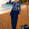 Printed Ruffled Waist Zipper Detail Three-Piece Swimsuit Set Navy Blue - immagine 3