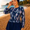 Printed Ruffled Waist Zipper Detail Three-Piece Swimsuit Set Navy Blue - immagine 2