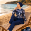Printed Ruffled Waist Zipper Detail Three-Piece Swimsuit Set Navy Blue - immagine 4