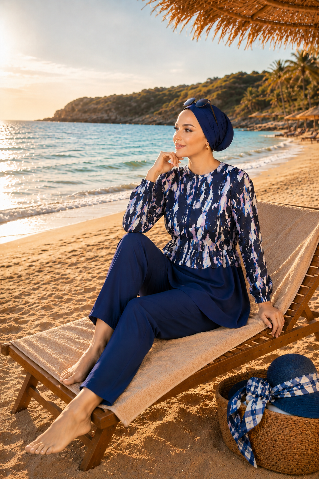 Printed Ruffled Waist Zipper Detail Three-Piece Swimsuit Set Navy Blue - immagine 4