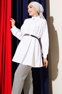 V Ribbed Half Brit Button Tunic White