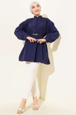 Vista alternativa di V Ribbed Half Brit Button Tunic Navy Blue