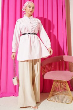 Vista alternativa di V Ribbed Half Brit Button Tunic Pink