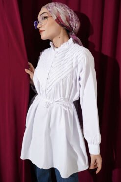 V Ribbed Half Button Tunic White