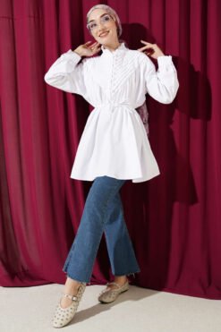 Vista alternativa de V Ribbed Half Button Tunic White