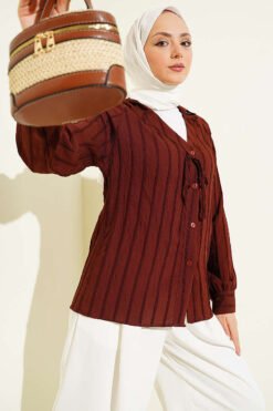 V-Neck Striped Tied Shirt Brown