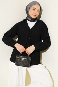 V-Neck Striped Tied Shirt Black