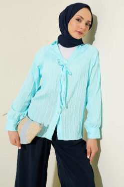 V-Neck Striped Tied Shirt Turquoise en gros shirt - Hicabistan usine Turquie