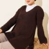 V-Neck Plain Knit Tunic Brown