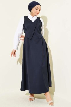 V Neck Belted Dress Navy Blue