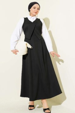 V Neck Belted Dress Black