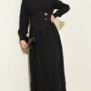 Buttoned Asymmetrical Belted Wrinkled Dress Black