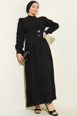 Buttoned Asymmetrical Belted Wrinkled Dress Black