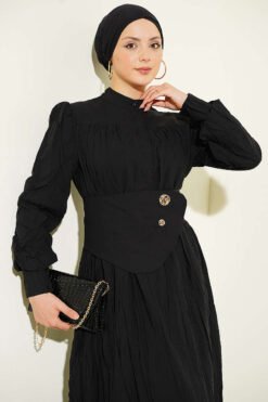 Vista alternativa de Buttoned Asymmetrical Belted Wrinkled Dress Black