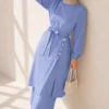 Long Tunic Set with Slit and Floral Accessory Baby Blue