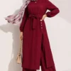 Long Tunic Set with Slit and Floral Accessory Burgundy