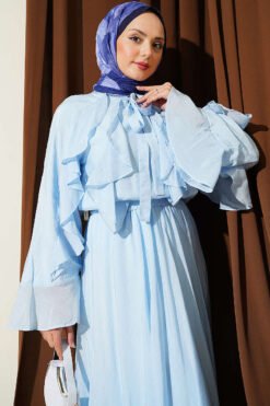 Vista alternativa di Ruffle Blouse with Tie Neck Skirt Set Blue