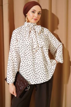 Tie-Neck Polka Dot Tunic Beige