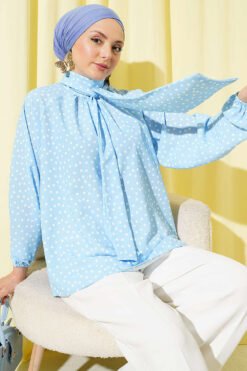 Tie-Neck Polka Dot Tunic Blue