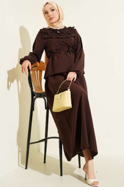 Ruffled Neck Tie Waist Skirted Two-Piece Set Brown
