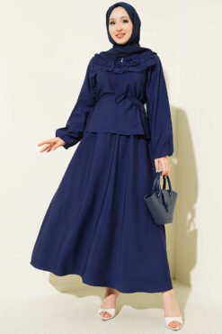 Ruffled Neck Tie Waist Skirted Two-Piece Set Navy Blue
