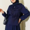 Ruffled Neck Tie Waist Skirted Two-Piece Set Navy Blue - immagine 2